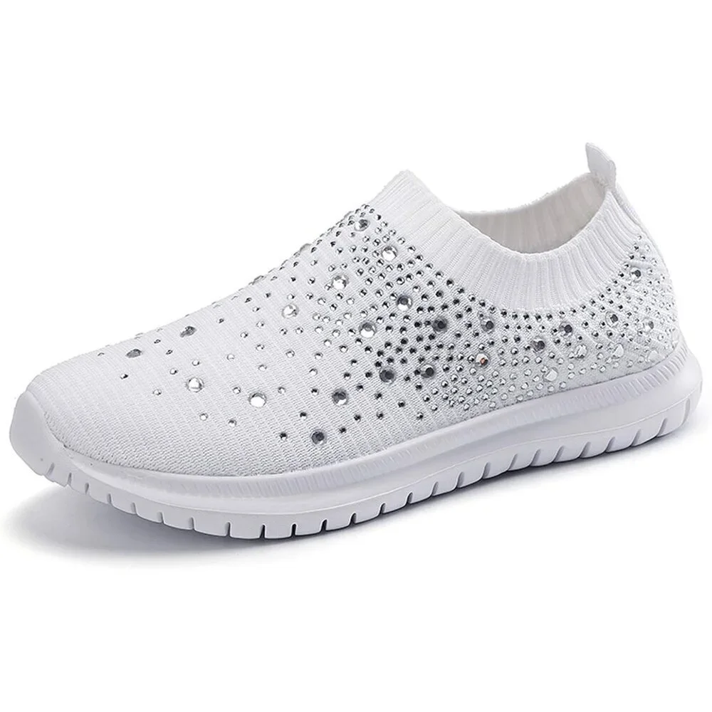Women's Mesh Walking Shoes Rhinestone Glitter Slip On Ballroom Sneakers White